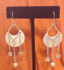 White Mother Of Pearl Moon Disc Silver Tone Chain Link Clear Bead Drop Earrings