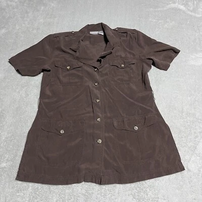 Top vintage Jacqueline Ferrar para mujer 10 marrón seda abotonada manga corta Foto 1 de 4
