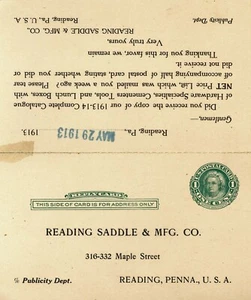 1913 dual advertising GOVERNMENT POSTAL CARD Pennsylvania READING SADDLE & MFG - Picture 1 of 2