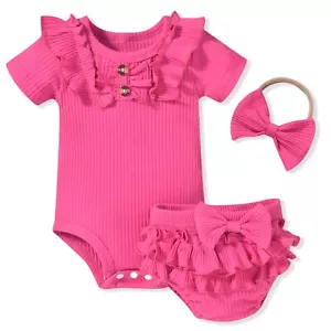 6-12 Months Infant Baby Girls Clothes Short Sleeve Bloomer Shorts Ribbed Summ... - Picture 1 of 8
