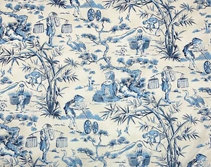 WAVERLY HAIKU TOILE INDIGO BLUE CREAM ASIAN 100% COTTON FABRIC BY YARD 54"W - Picture 1 of 6