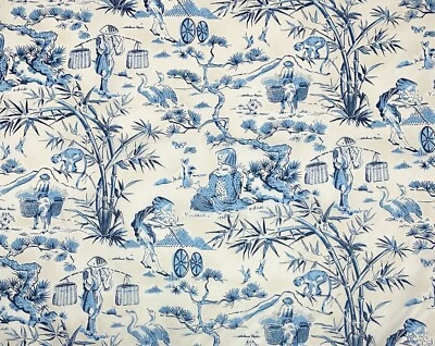 WAVERLY HAIKU TOILE INDIGO BLUE CREAM ASIAN 100% COTTON FABRIC BY YARD 54"W - Image 1 of 4