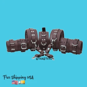 Echt Rindsleder Handgelenk, Knöchel, Oberschenkel Stulpen & Halsband Fessel Set braun 7-teilig - Bild 1 von 2