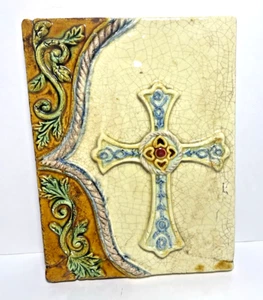 Italian Style Religious Cross Thick Tile Glaze Plaque Hanging Art Browns Yellows - Picture 1 of 5