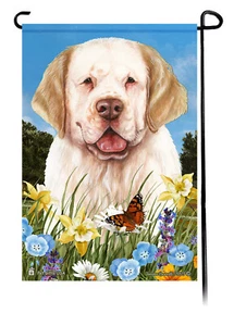 Summer Flowers Garden Flag - Lemon and White Clumber Spaniel - Picture 1 of 1