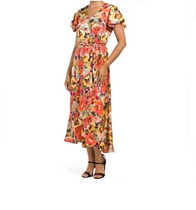 Nicole Miller Floral Print Satin Asymmetrical Ruffle Front Wrap Midi Dress sz XL - Picture 1 of 9