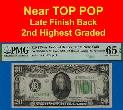 1934A $20 Federal Reserve Note PMG 65EPQ rare 2nd highest graded Fr 2055-BLfb - Image 1 of 4