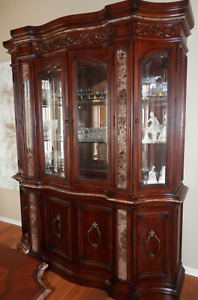 Tuscany style Lighted hutch beveled curved glass doors on matching 4 door buffet