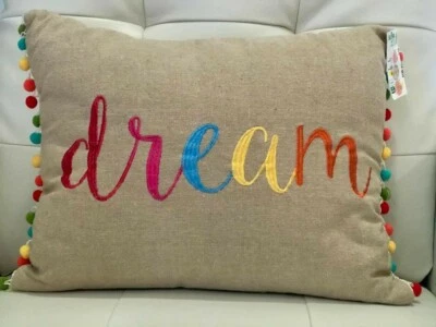 Decorative Throw Pillow Multicolor DREAM Embellished Linen w Pompoms NEW 12"x18" - Image 1 of 3