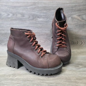 Y2K MIA Boots Womens 7 Brown Leather Platform Heeled Chunky Combat Edgy Stompers - Picture 1 of 14