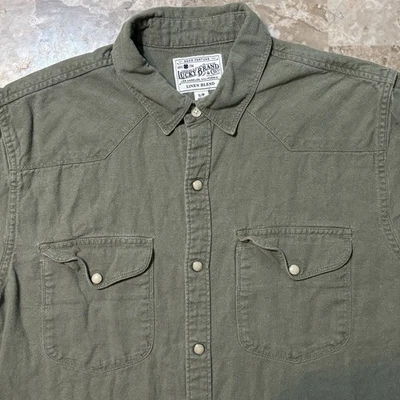 Lucky Brand Pearl Snap Shirt Mens Small Green Linen Blend Short Sleeve Western - Image 1 of 4