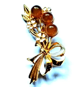 Vintage Brosche Bernsteinfarben Cabochon & Emaille Blume - Bild 1 von 7