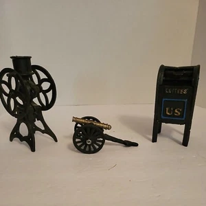 Vintage Cast Iron Cannon, US Mailbox And Candle Holder? Coffee Mill? Miniatures  - Picture 1 of 11