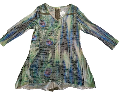 Túnica feminina One World tamanho P penas de pavão acabamento em renda manga longa boho nova com etiquetas - Imagem 1 de 4