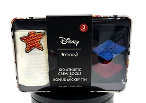 Disney Mickey Mouse Kids 3 Pairs Set Athletic Crew Socks Plus Tin Size Large New - Picture 1 of 9