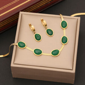 New women green stone necklace stainless steel gold plated jewelry 3pcs set