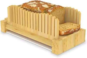 Bread Slicer for Homemade Bread, Bamboo Bread Slicer Wiht Plastic Tray, Foldable - Picture 1 of 7
