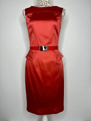 Cue Size 8 Women's Dress Red Stretch Satin Sleeveless Sheath Lined & Belt - image 1 of 4