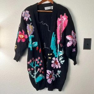 Bonnie Boerer & Company Open Front Sweater Black Floral Abstract Sz S Beaded - Picture 1 of 13