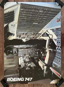 Poster aereo vintage originale 1987 Boeing 747 anni '80 pilota cabina di pilotaggio aereo - Foto 1 di 8