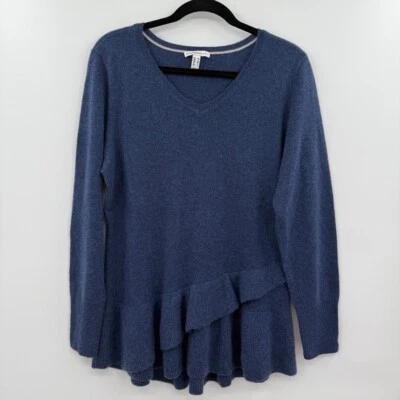 Women's Isaac Mizrahi Live Cashmere Sweater Size M Blue Layered Ruffle Hem Scoop - Image 1 of 4