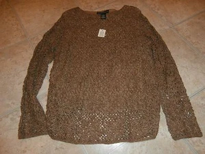 BROWN Open Weave Crocheted Cotton Sweater Norton McNaughton SZ MEDIUM - Picture 1 of 3