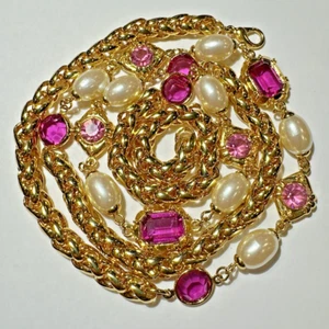 Heavy Chunky Bezel Set Pink Faceted Glass Bead Pearl Gold t Chain Necklace DB1 - Picture 1 of 9
