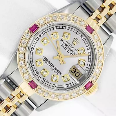 Rolex Lady DateJust Silver Diamond Watch Steel and 18k Gold Diamond Ruby Bezel - Image 1 of 4