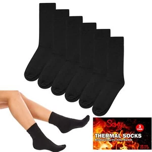 Kids Ladies 6 Pack Thick Warm Comfy Brushed Lined Black Thermal Winter Socks - Picture 1 of 7