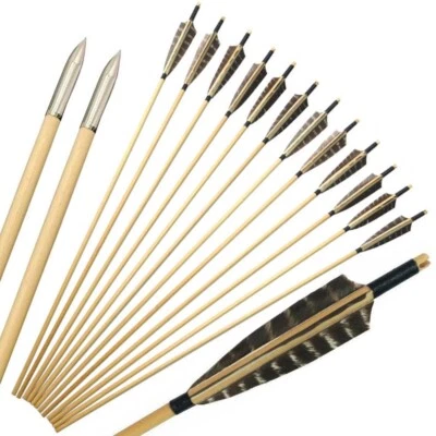 31" Traditional Wooden Arrow Turkey Feather Recurve Bow Longbow Hunting Shooting - Image 1 of 4