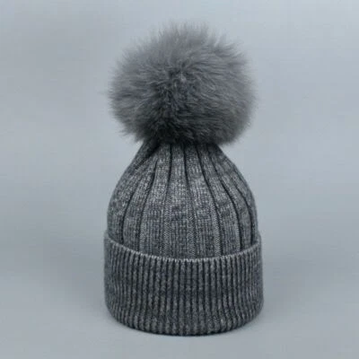 Sombrero de invierno cálido de piel de zorro con bola para mujer niño niña gorra de punto grueso de lana Foto 1 de 4