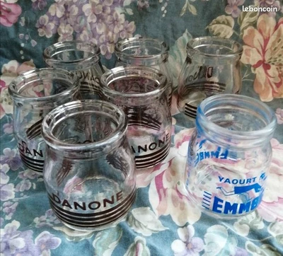 ANCIENS POTS DE YAOURT 6 DANONE 1 EMMBE EN VERRE SÉRIGRAPHIÉ - Photo 1/3