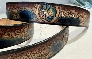 Men's 45" Belt Cowhide Leather NO BUCKLE Colored Hand Tooled Bass Fishing EUC - Picture 1 of 9