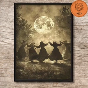 Witches Dancing Under Full Moon Canvas Wall Art Poster. Gothic Grunge Quirky UK - Picture 1 of 2