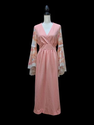 Vintage Dress sheer bell sleeves lace details tie back belt hippie costume? - Image 1 of 4