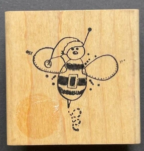 Flying Bumblebee Insect in Christmas Holiday Outfit Wood Rubber Stamp - Picture 1 of 3