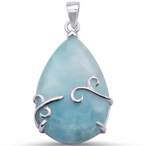 Elegant Large Pear Natural Larimar .925 Sterling Silver Pendant - Picture 1 of 2
