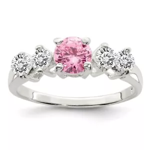 Sterling Silver Pink Round CZ w/Side Stones Ring - Picture 1 of 3