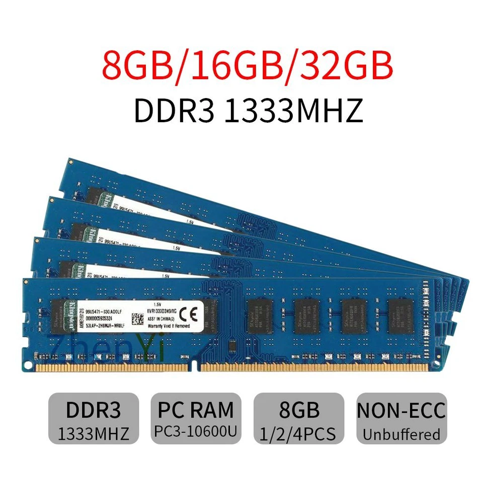 Kingston 32GB 16GB 8G PC3-10600U DDR3 1333 KVR1333D3N9/8G DIMM Memory RAM Lot UL - Image 1 of 4