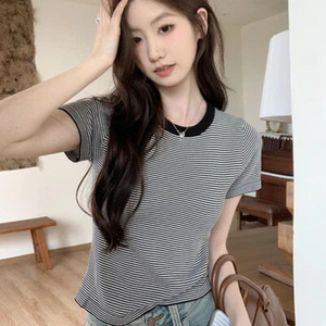 Summer Striped Short-Sleeved T-Shirt Women Short Ice Silk Casual Knitted Tops - Picture 1 of 13