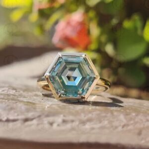 4.90 Carat Green Hexagon Cut Moissanite 14K Yellow Gold Wedding Ring For Her
