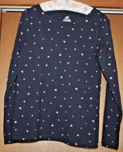 NEW H&M 100% COTTON LONG SLEEVE NAVY HEARTS PRINT CREWNECK SHIRT/TOP SIZE 8/10 - Picture 1 of 2