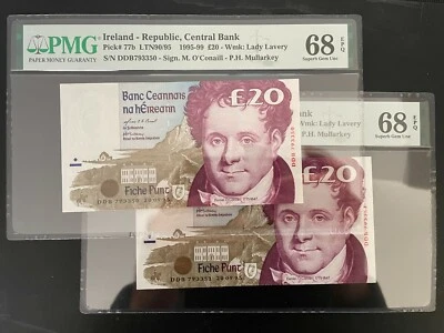 RARE Consecutive PAIR Ireland 20 pounds P77b Irish Irland 20.9.95 PMG 68 EPQ - Image 1 of 4
