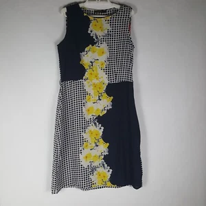 NEW 109F Sz L Dress Women Geometric SHEATH Belted Knee Length Blue Yellow Office - Picture 1 of 7