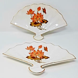 Keramik Fächerform Schmuck Tablett 2er Set Japan Pfirsich Lotus Blüten Schmetterling - Bild 1 von 9