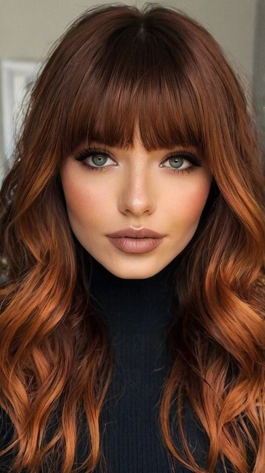 Peluca mediana marrón a castaño rojizo marrón con flequillo 13x4 frente de encaje pelucas onduladas Foto 1 de 4