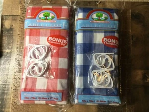 2 -Blue & Red Table 52"x70" Plastic Flannelback Tablecloths BBQ + 4 Table Clips - Picture 1 of 1