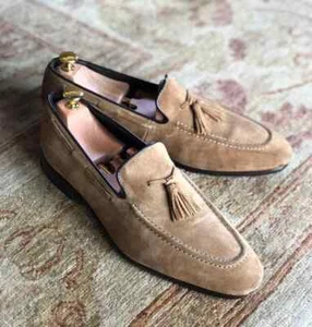 Handmade Beige Suede Leather Formal Slip On Dress Tasseled Loafer Shoes For Men - Picture 1 of 4