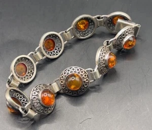 Vintage Sterling Silver Round Cabochon Amber Bracelet - J60 - Picture 1 of 3