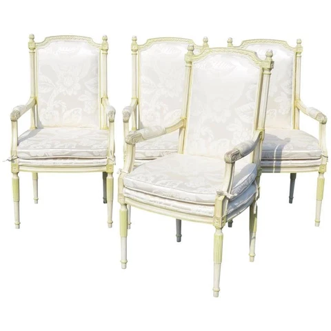 Nice Set 4  French Tall Louis XVI Style Distressed Cream Painted Dining Chairs Cover